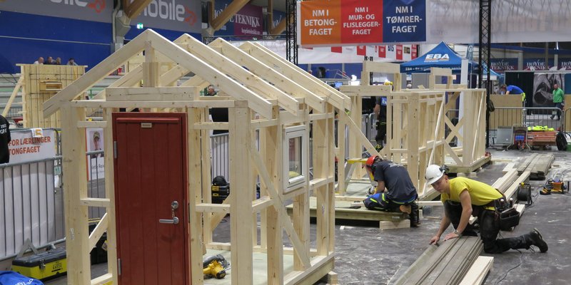 Reisverk av små hus i en stor hall.