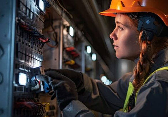 electrician woman installing a electric switchboard system, wide banner
