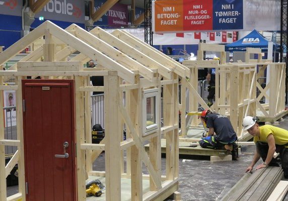 Reisverk av små hus i en stor hall.