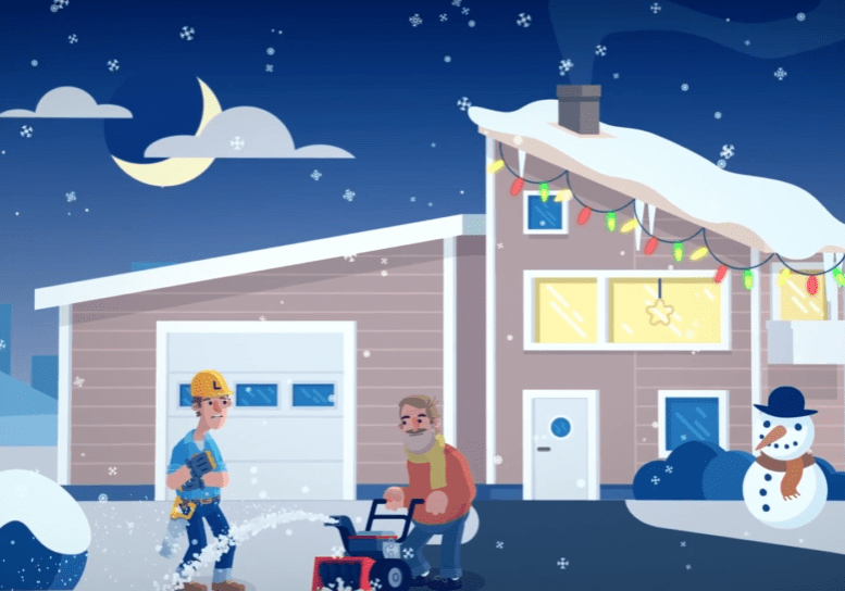 Illustrasjonsbilde av et hus, med to personer og en snømann